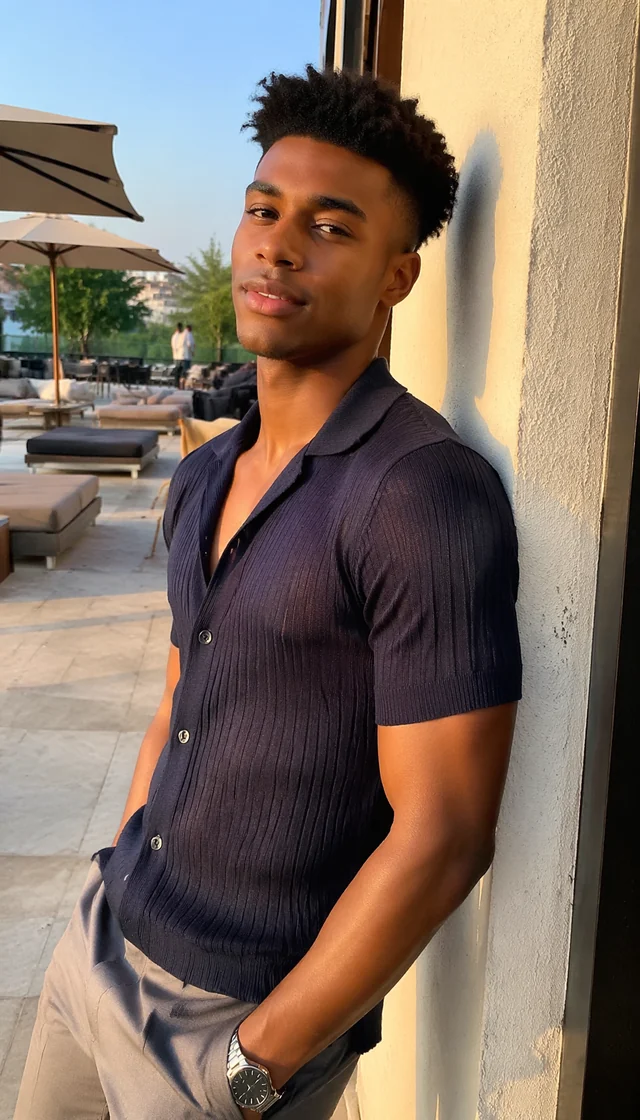 Fictional AI-generated adult Black man in a navy shirt outdoors.