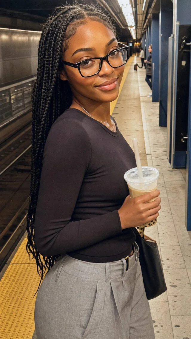 Fictional AI-generated adult woman wearing glasses and holding a drink.