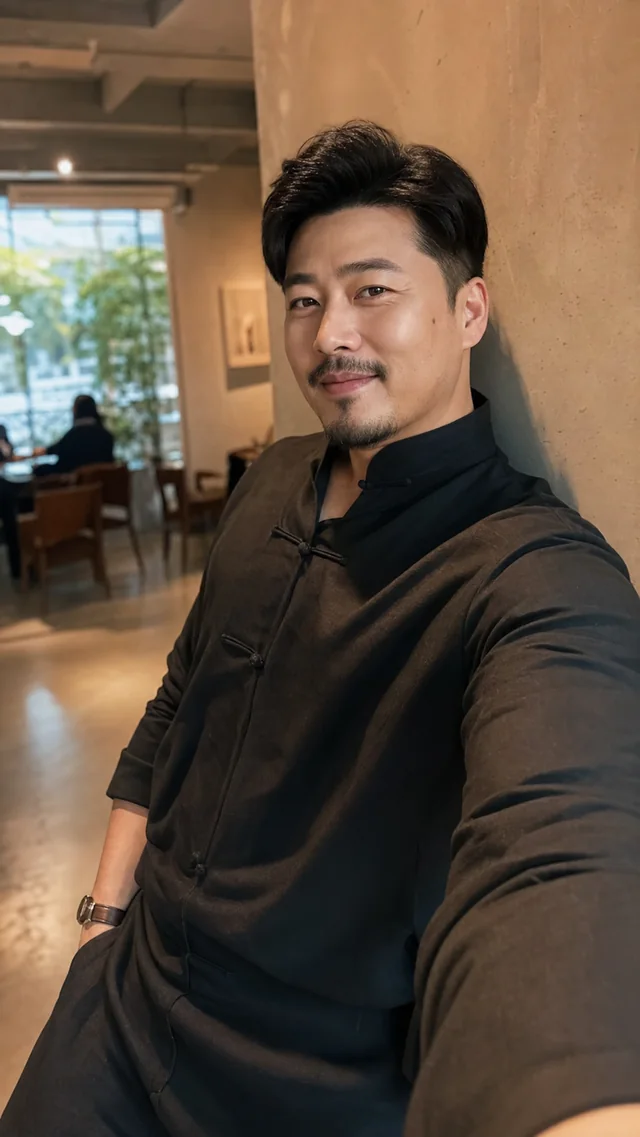 Fictional AI-generated adult man dressed in black indoors.