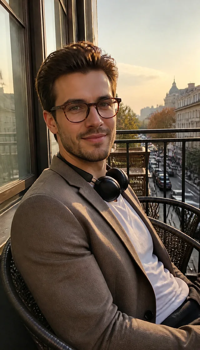 Fictional AI-generated adult European man wearing glasses at an outdoor cafe.