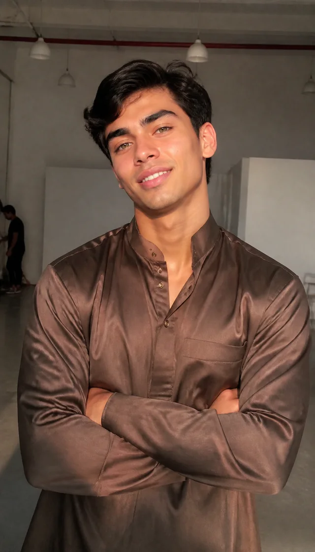 Fictional AI-generated adult man in a brown shirt.