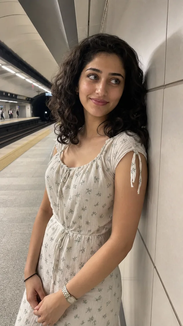 Fictional AI-generated adult Middle Eastern woman in a white summer dress.