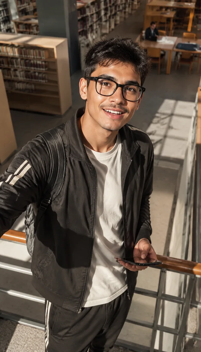 Fictional AI-generated adult man wearing glasses and a leather jacket.