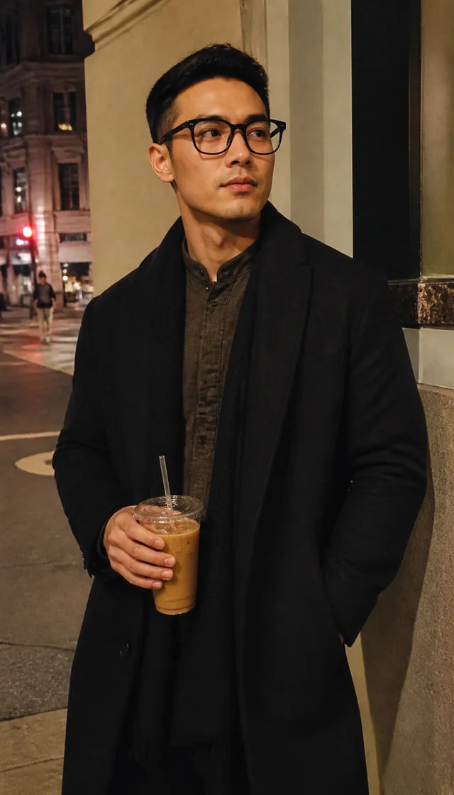 Fictional AI-generated adult man wearing glasses and a black coat.