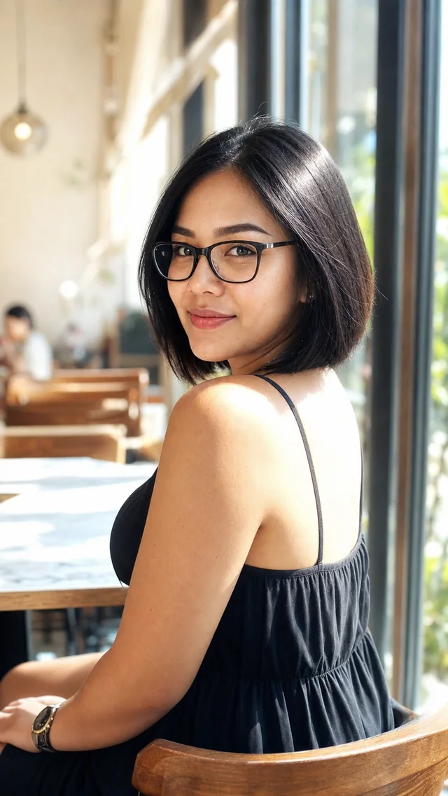 Fictional AI-generated adult woman in an elegant cafe portrait.